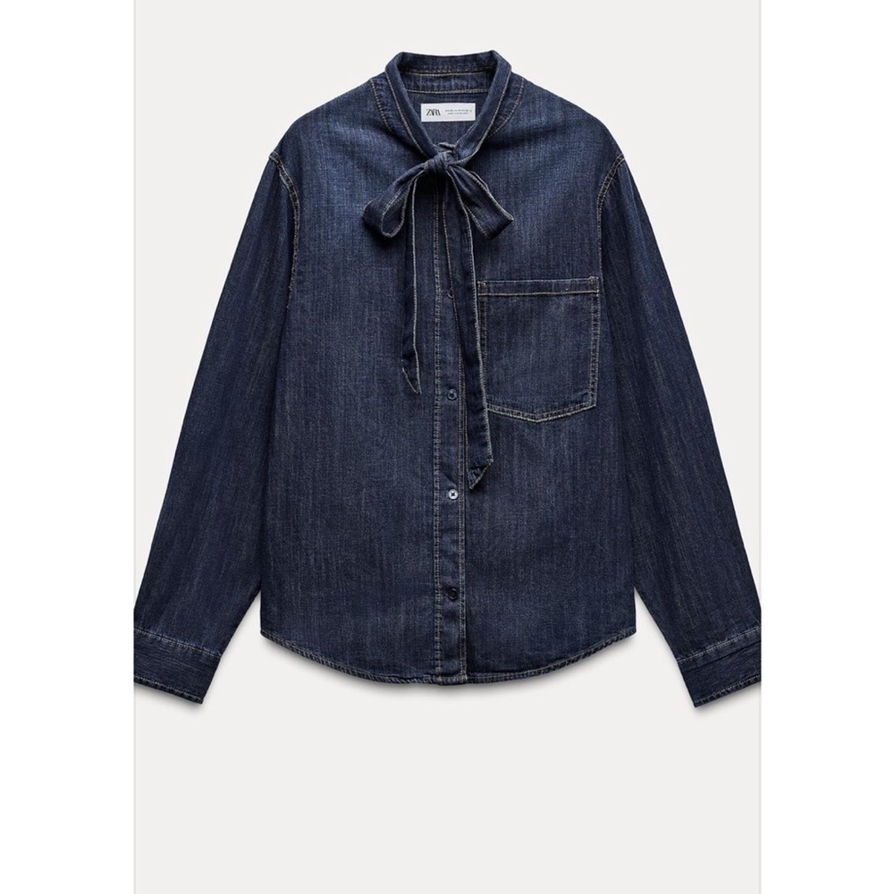 Zara Navy Denim Blouse with Neck Bow